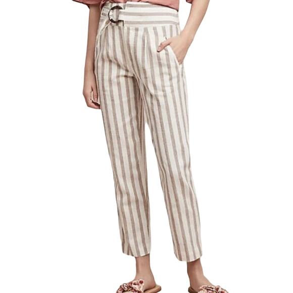 Anthropologie Oasis Striped Pants High Waisted Crop Linen Cotton Tan 2 - Picture 1 of 6